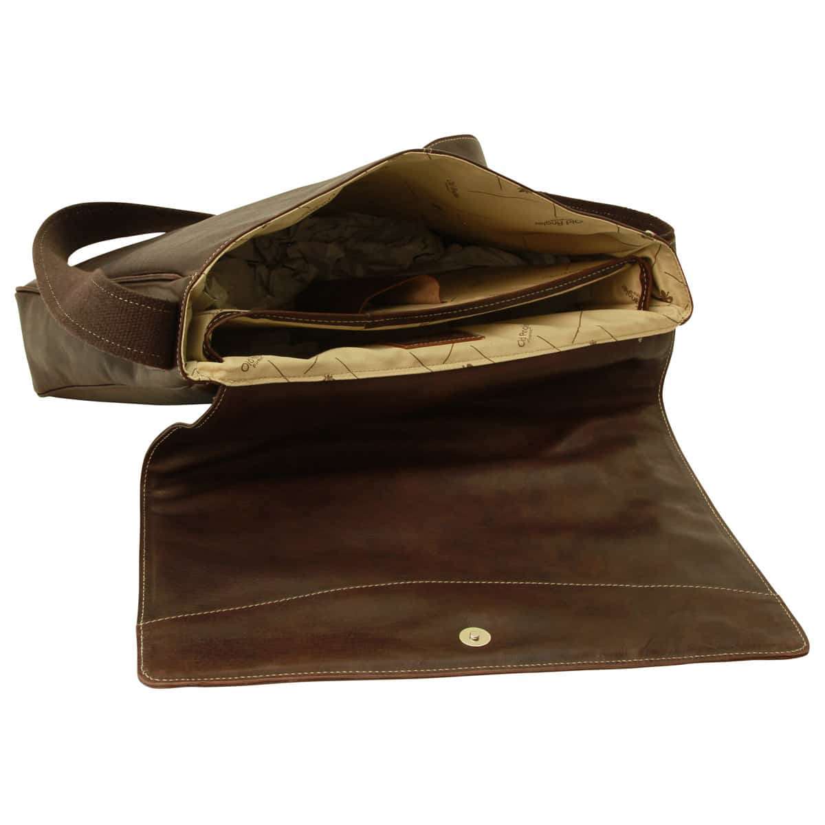 Oiled Calfskin leather messenger bag - Dark Brown