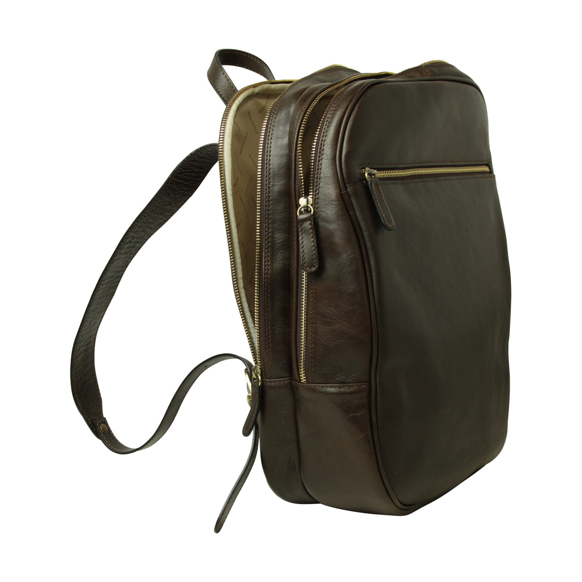 Leather backpack with exterior zip pockets - Dark Brown