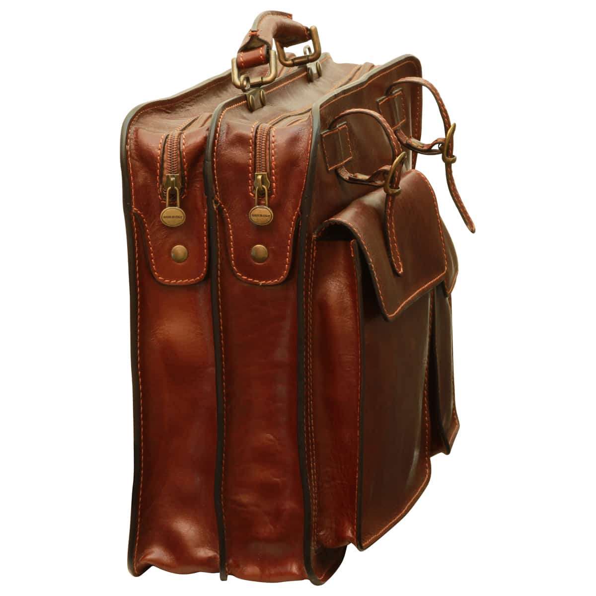 Leather Briefcase with belt straps - Brown