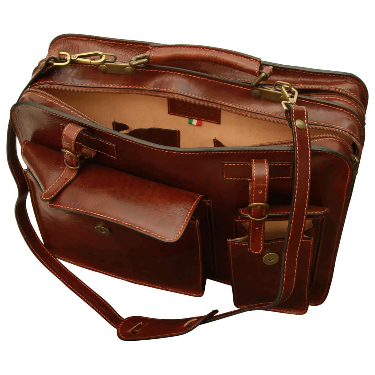 Leather Briefcase with belt straps - Brown