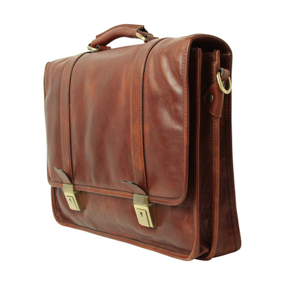 Soft Calfskin Leather Briefcase with shoulder strap - Mahogany Brown