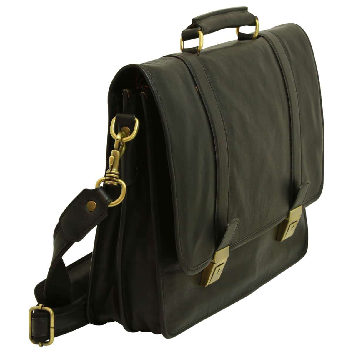 Soft Calfskin Leather Briefcase with shoulder strap - Black