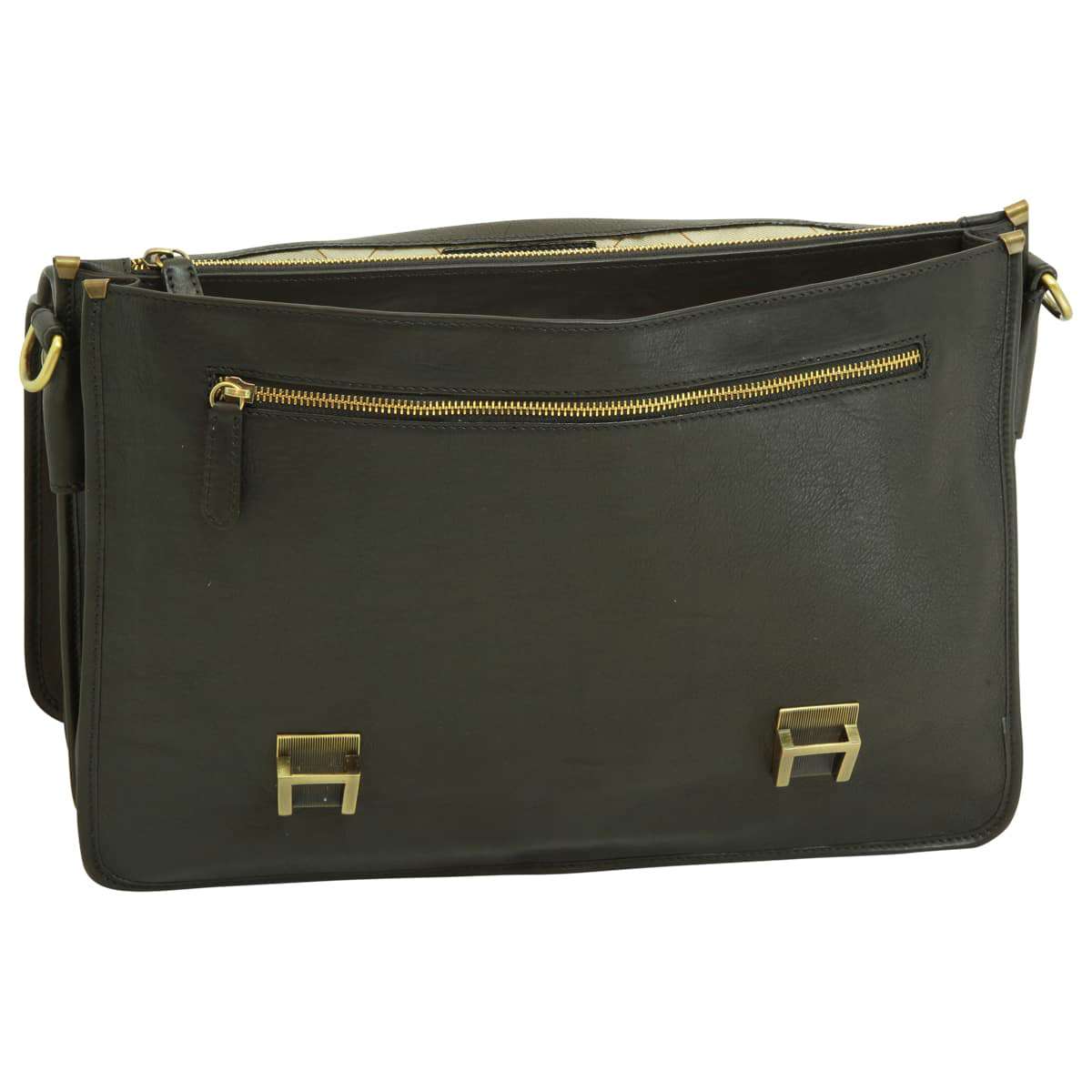 Soft Calfskin Leather Briefcase with shoulder strap - Black