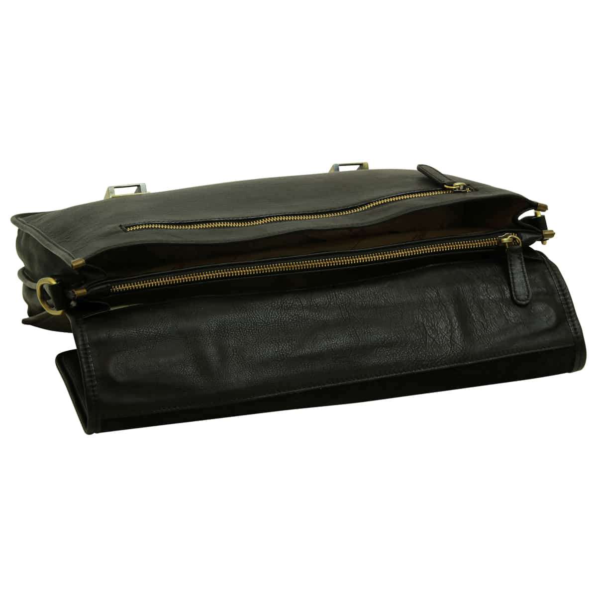 Soft Calfskin Leather Briefcase with shoulder strap - Black