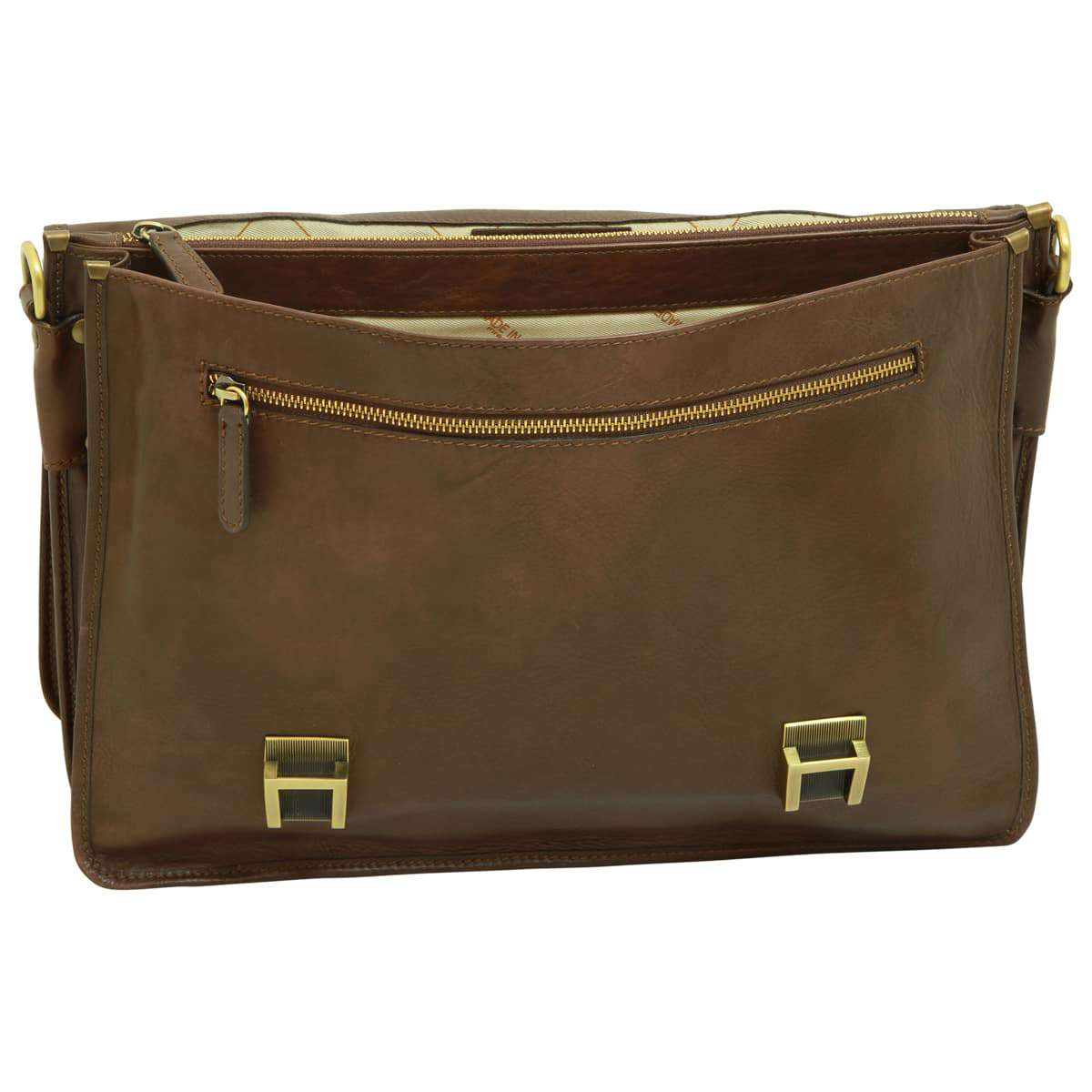 Soft Calfskin Leather Briefcase with shoulder strap - Dark Brown