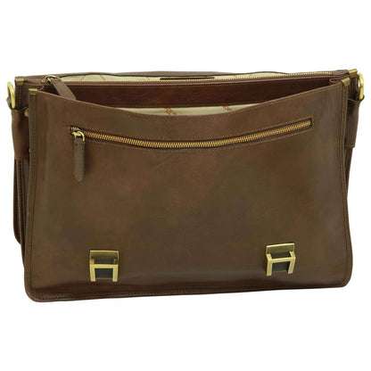 Soft Calfskin Leather Briefcase with shoulder strap - Dark Brown