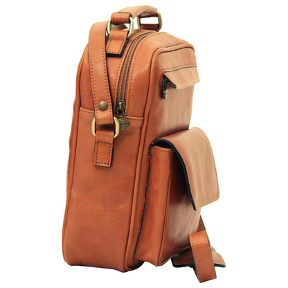 Leather Shoulder Bag with front pocket - Brown Colonial