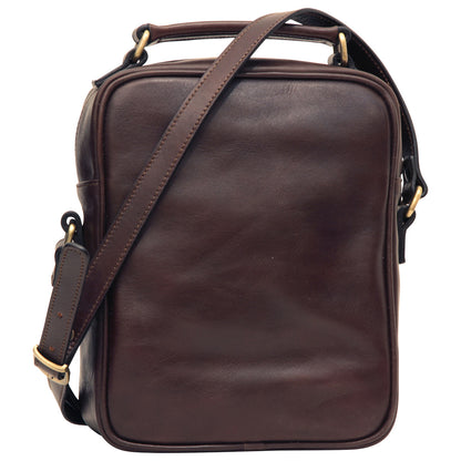 Leather Shoulder Bag with front pocket - Dark Brown