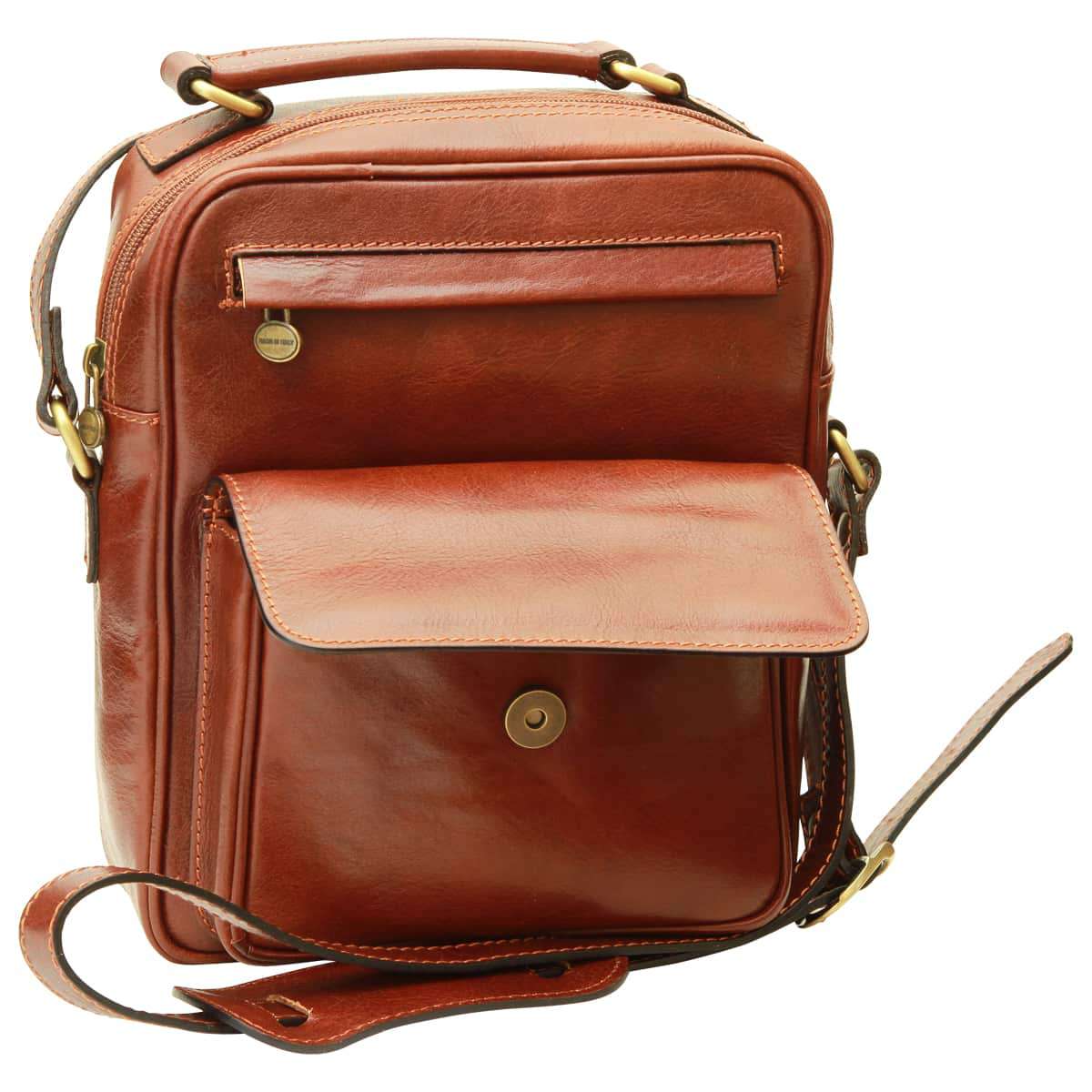 Leather Shoulder Bag with front pocket - Brown