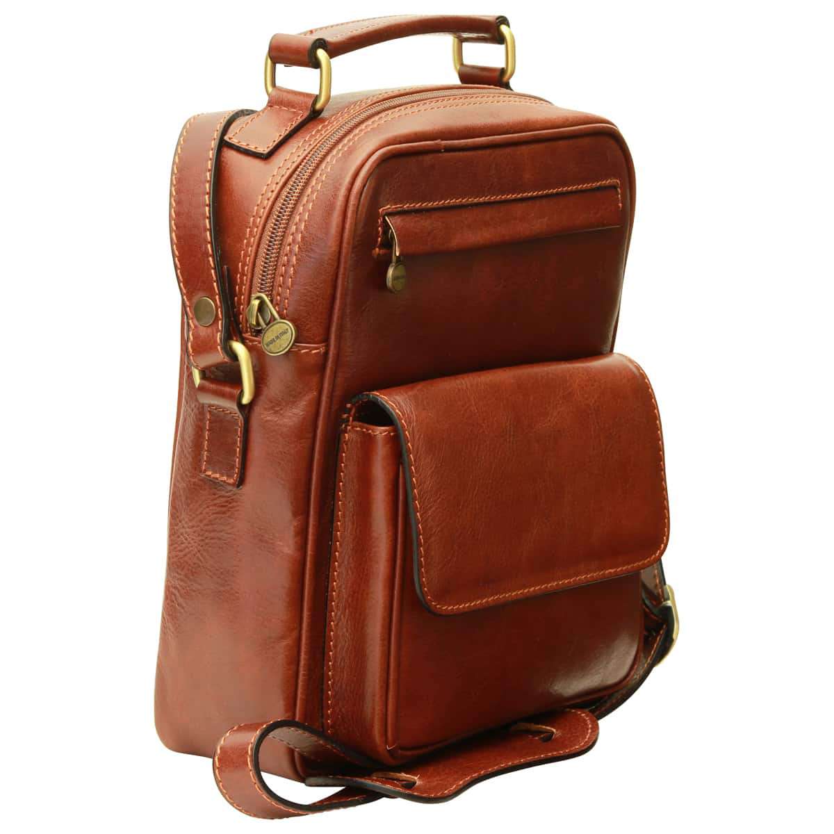 Leather Shoulder Bag with front pocket - Brown