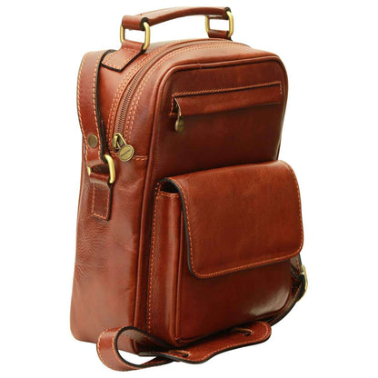 Leather Shoulder Bag with front pocket - Brown