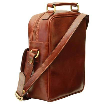 Leather Shoulder Bag with front pocket - Brown