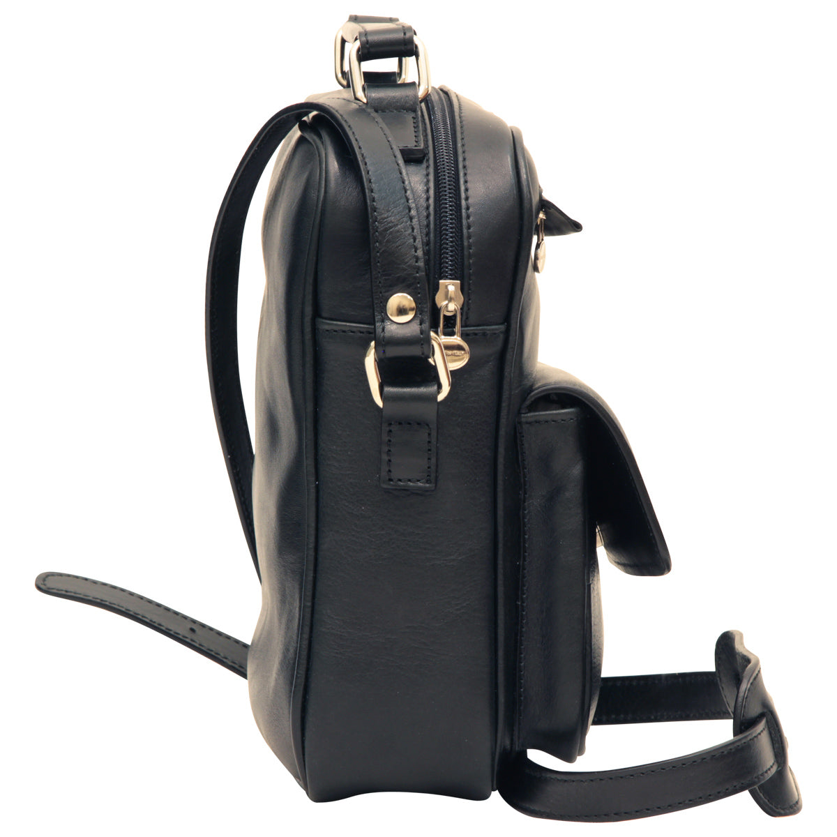 Leather Shoulder Bag with front pocket - Black