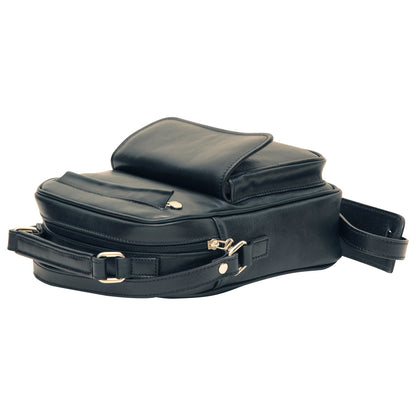 Leather Shoulder Bag with front pocket - Black