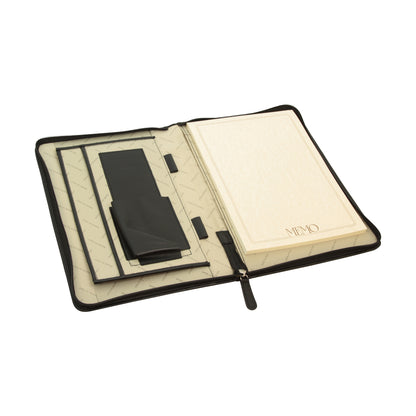 Calfskin Leather document case with zip pocke.- Black