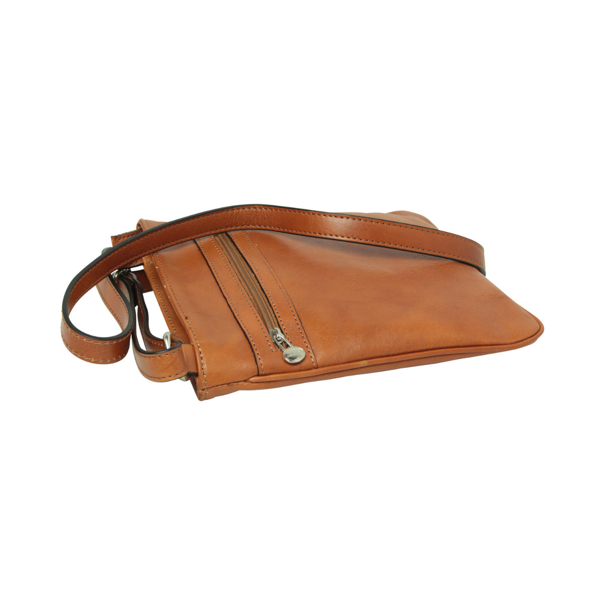 Leather Cross Body Bag with zip pocket - Brown
