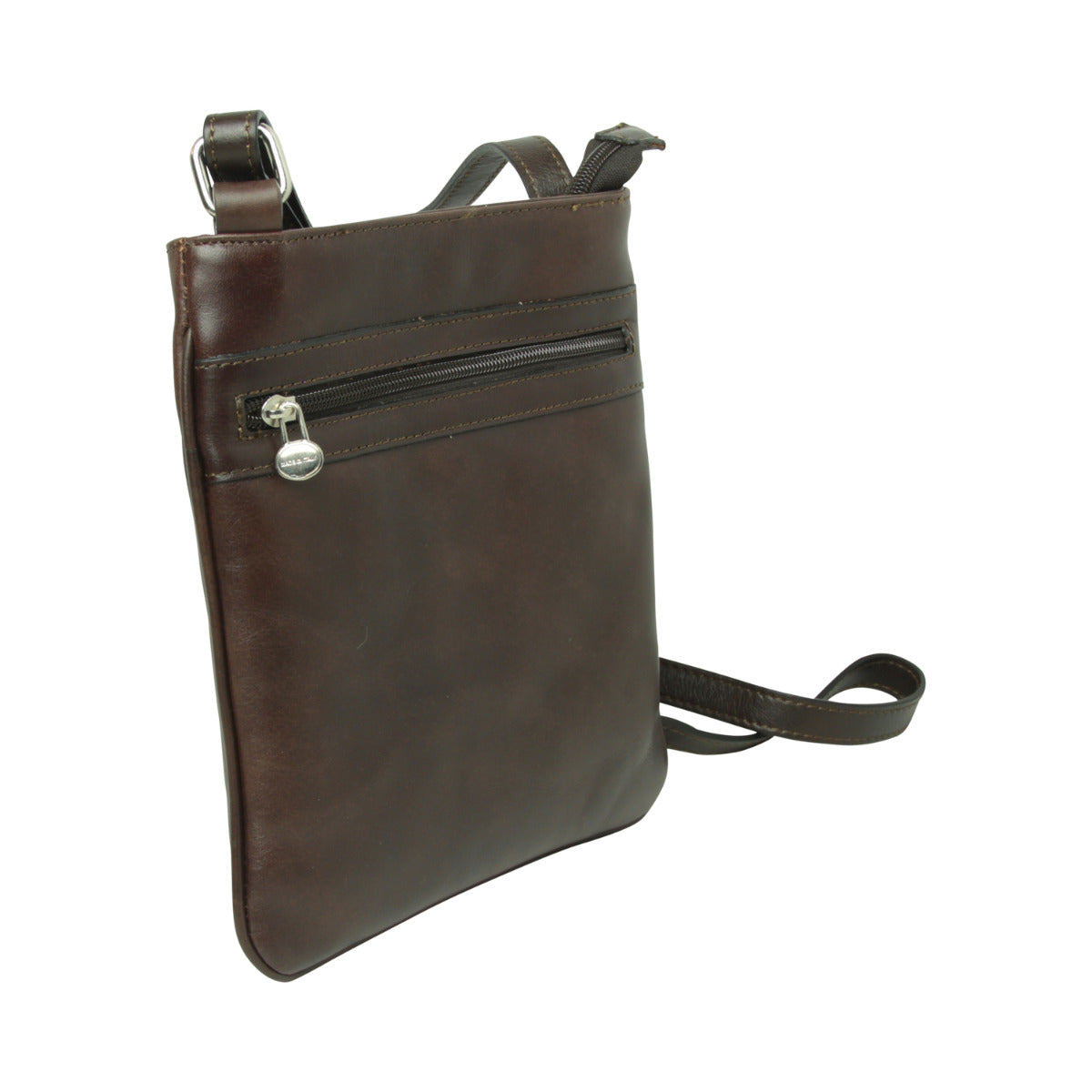 Leather Cross Body Bag with zip pocket -  Dark Brown