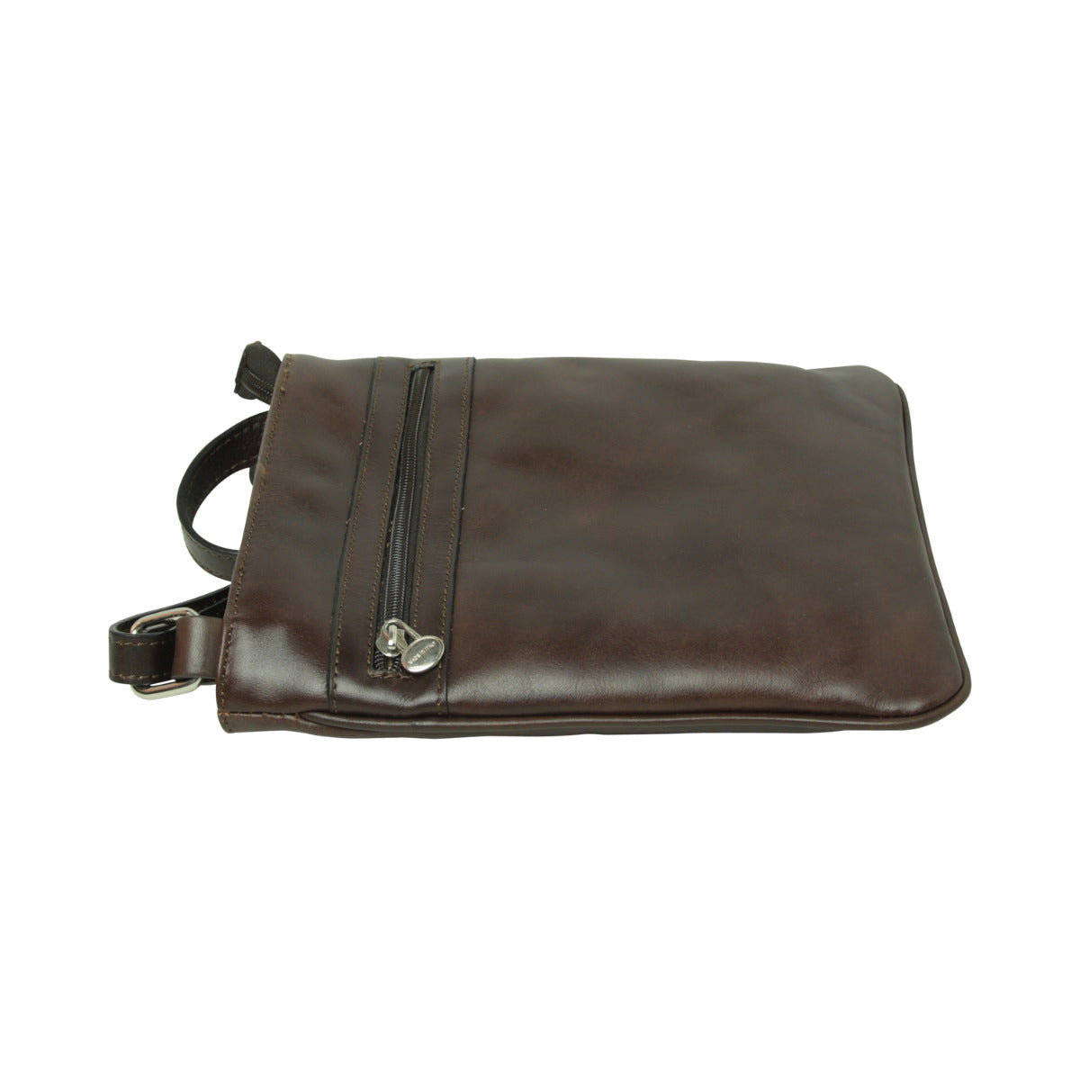 Leather Cross Body Bag with zip pocket -  Dark Brown