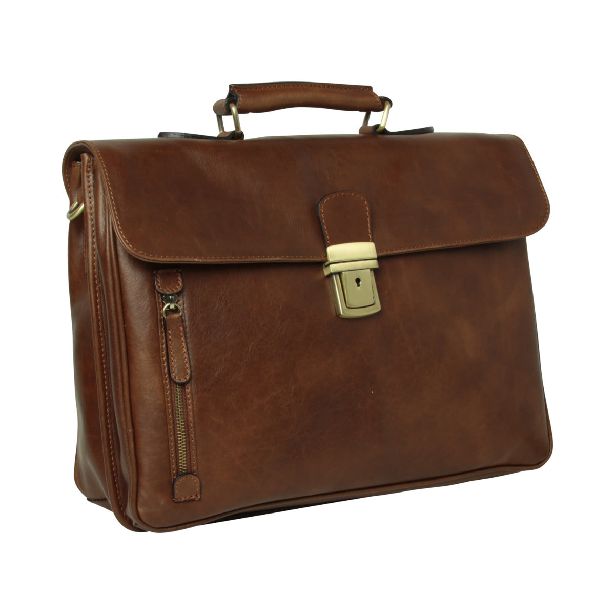 Oiled Calfskin Leather Briefcase with shoulder strap - Chestnut
