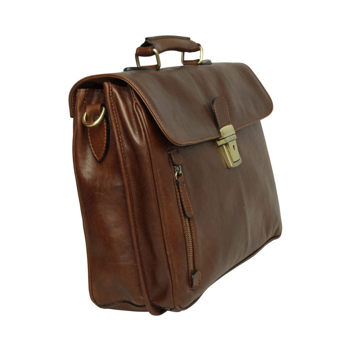 Oiled Calfskin Leather Briefcase with shoulder strap - Chestnut