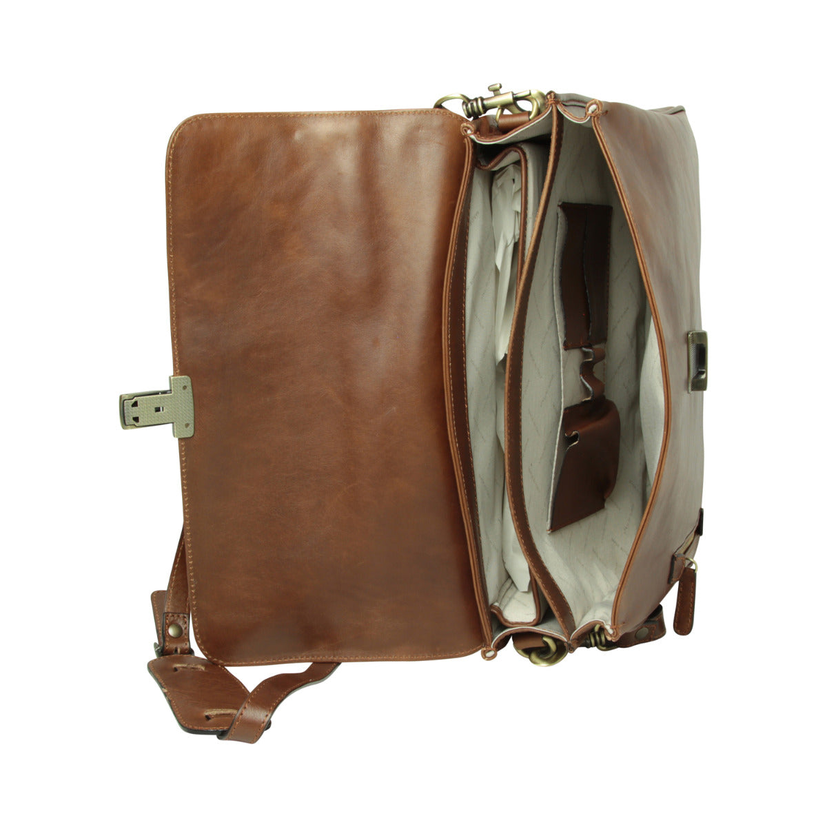 Oiled Calfskin Leather Briefcase with shoulder strap - Chestnut
