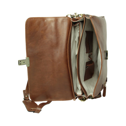 Oiled Calfskin Leather Briefcase with shoulder strap - Chestnut