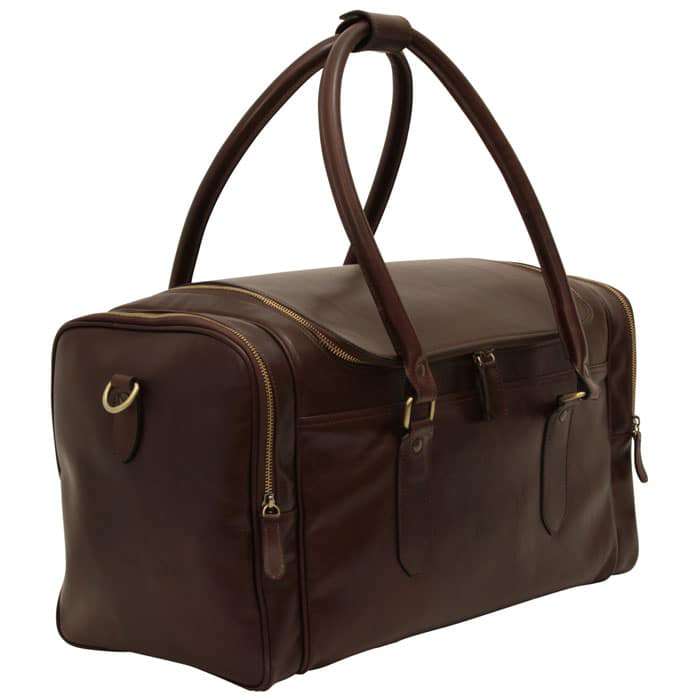 Round Metal Zip Leather Travel Bag - Dark Brown