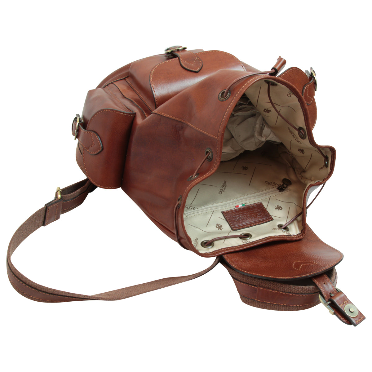 Leather backpack with 3 exterior pockets - Brown