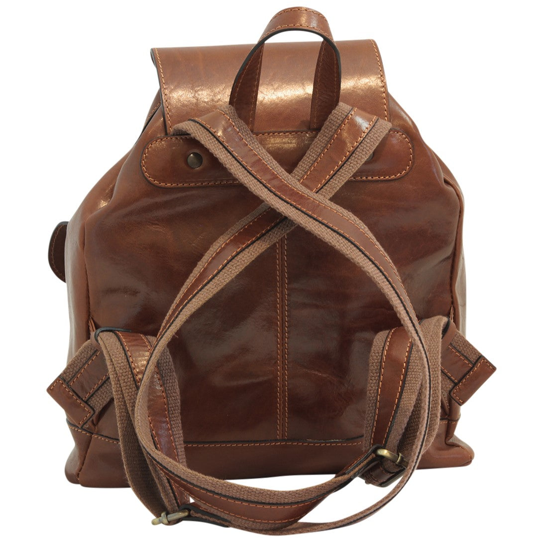 Leather backpack with 2 exterior pockets - Brown