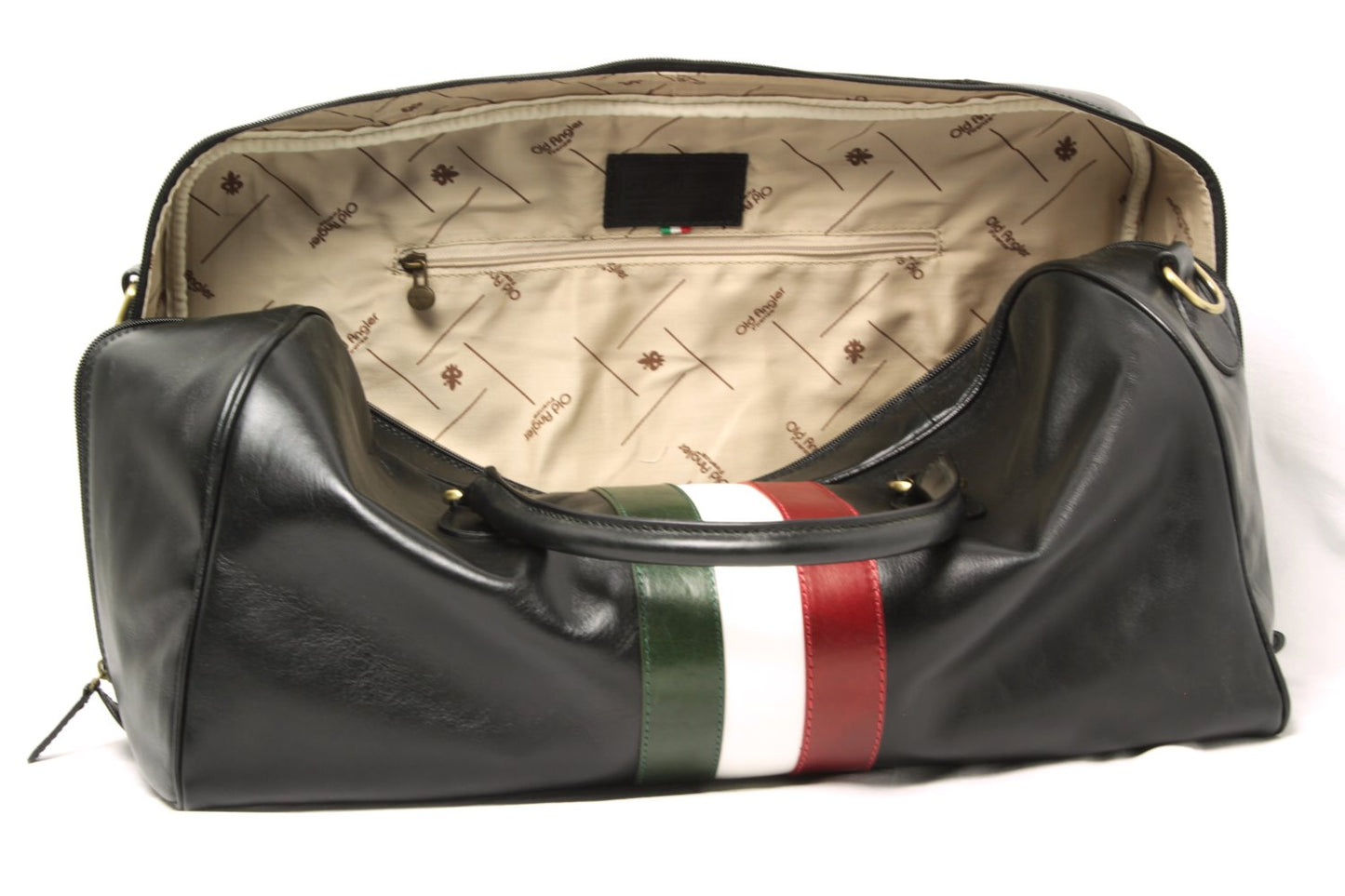 Full-grain leather travel bag - black with Italian flag