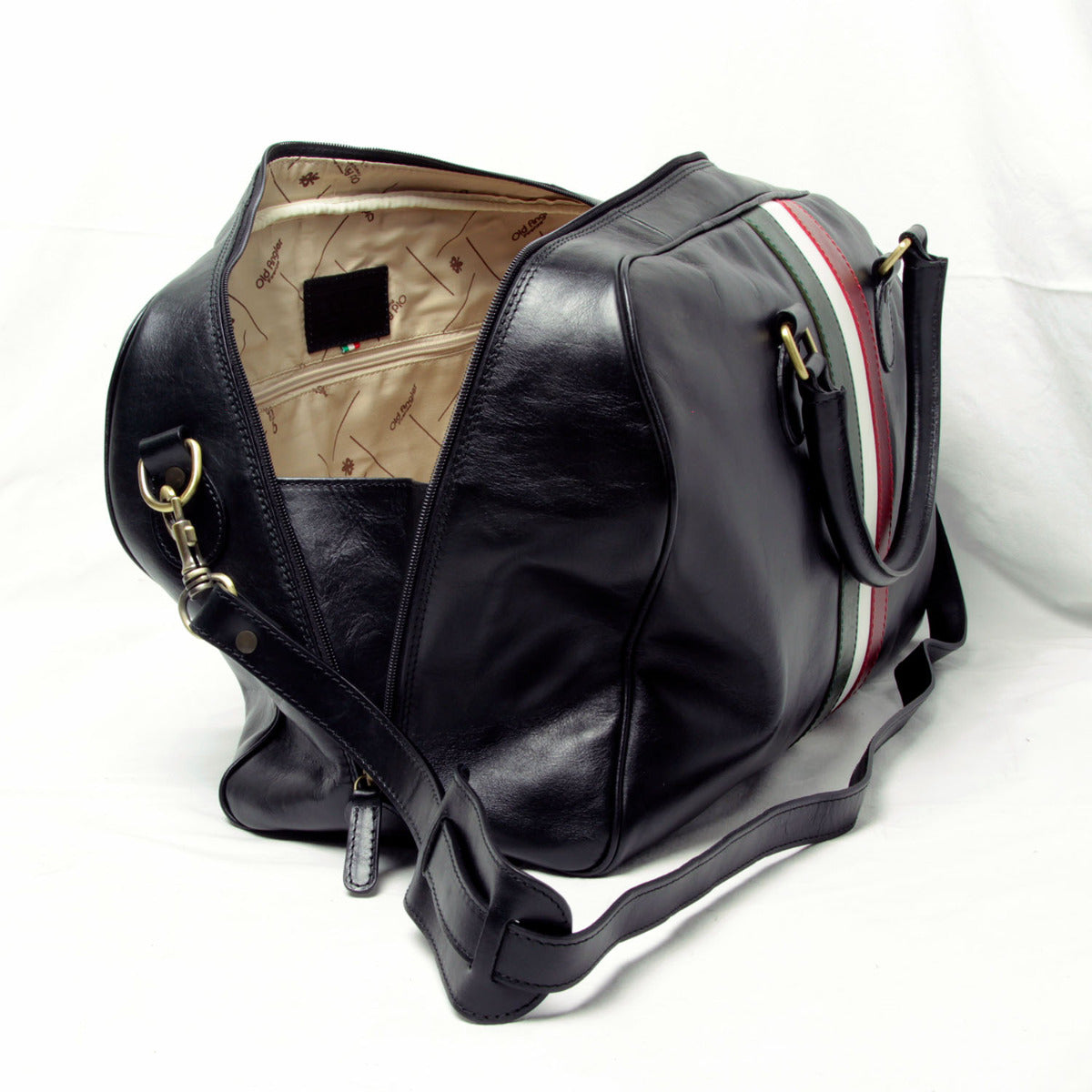 Full-grain leather travel bag - black with Italian flag