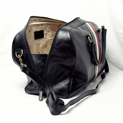 Full-grain leather travel bag - black with Italian flag