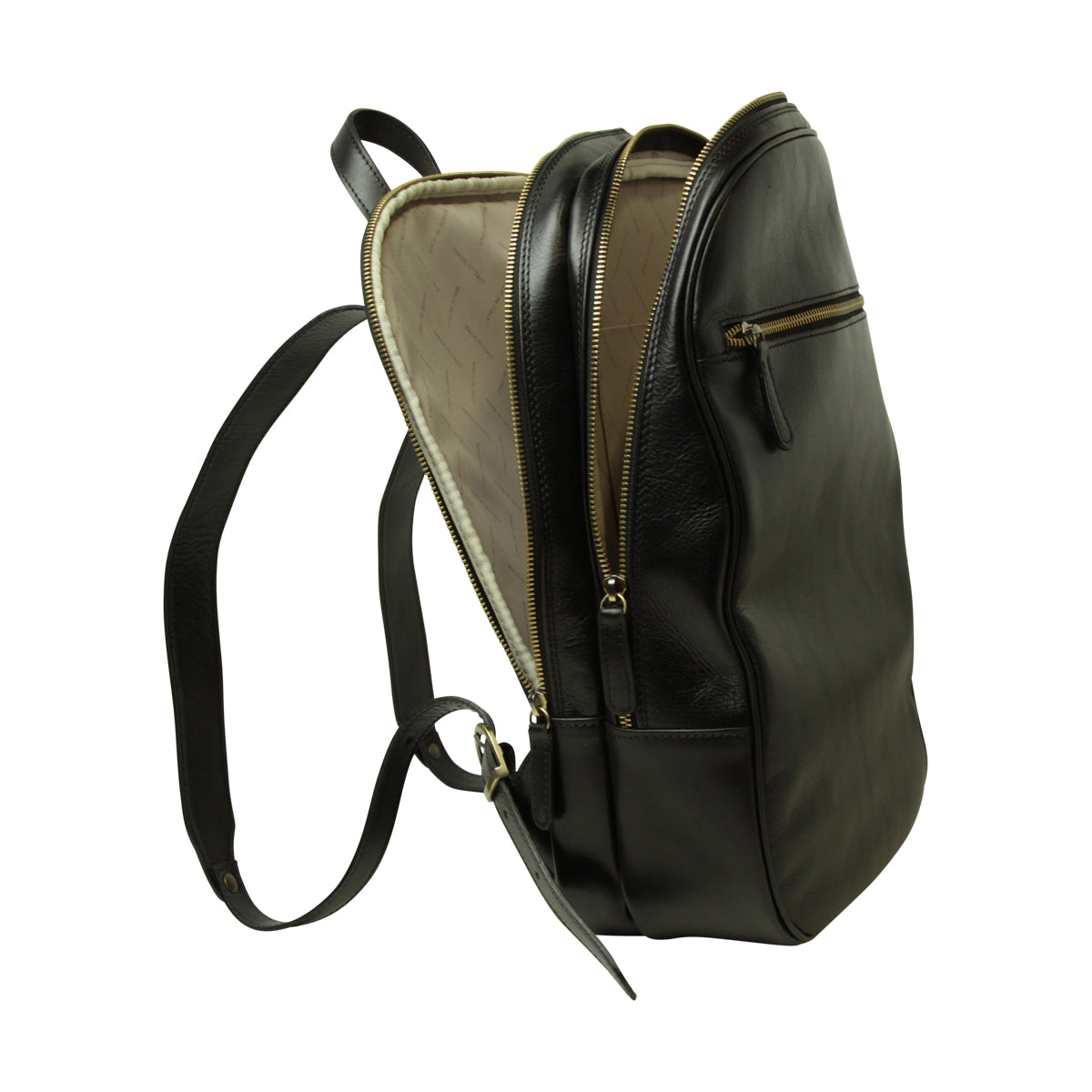 Leather backpack with exterior zip pockets - Black