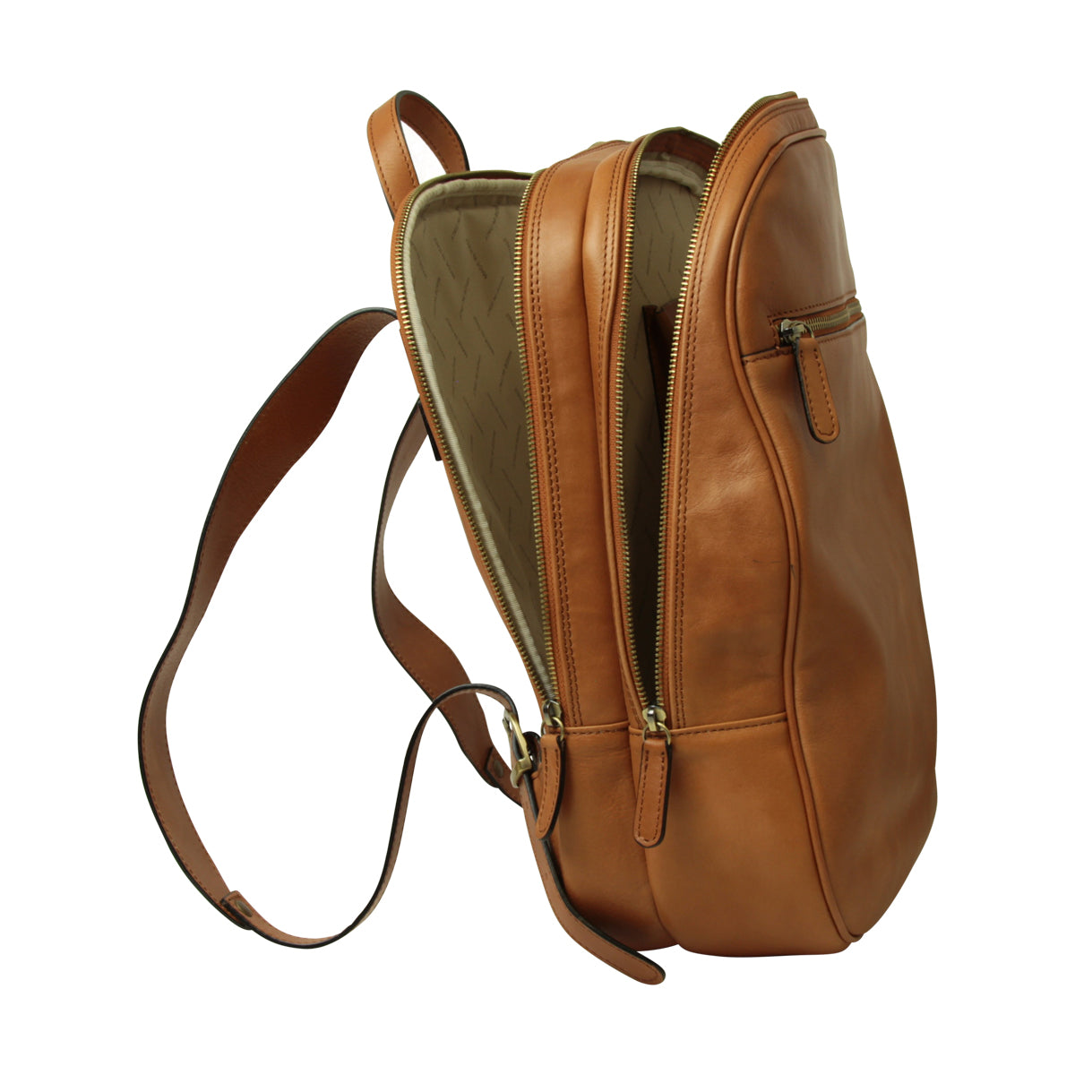 Leather backpack with exterior zip pockets - Brown Colonial