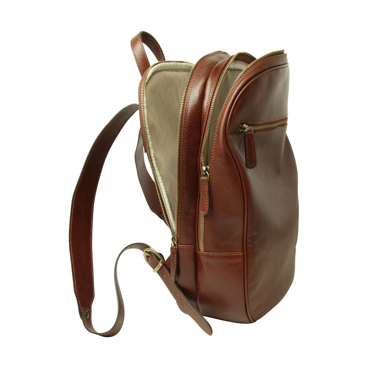 Leather backpack with exterior zip pockets - Brown