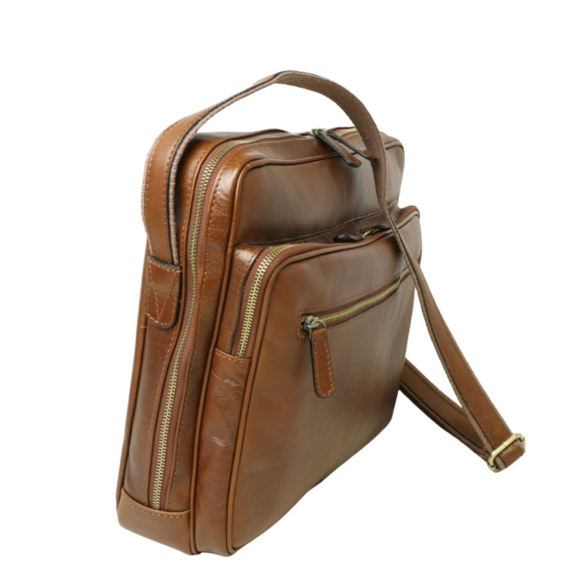 Large leather bag with zip closures -Chestnut