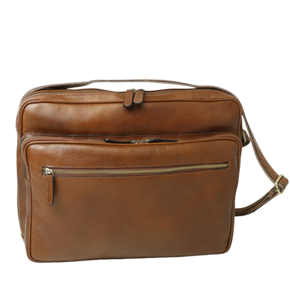 Large leather bag with zip closures -Chestnut
