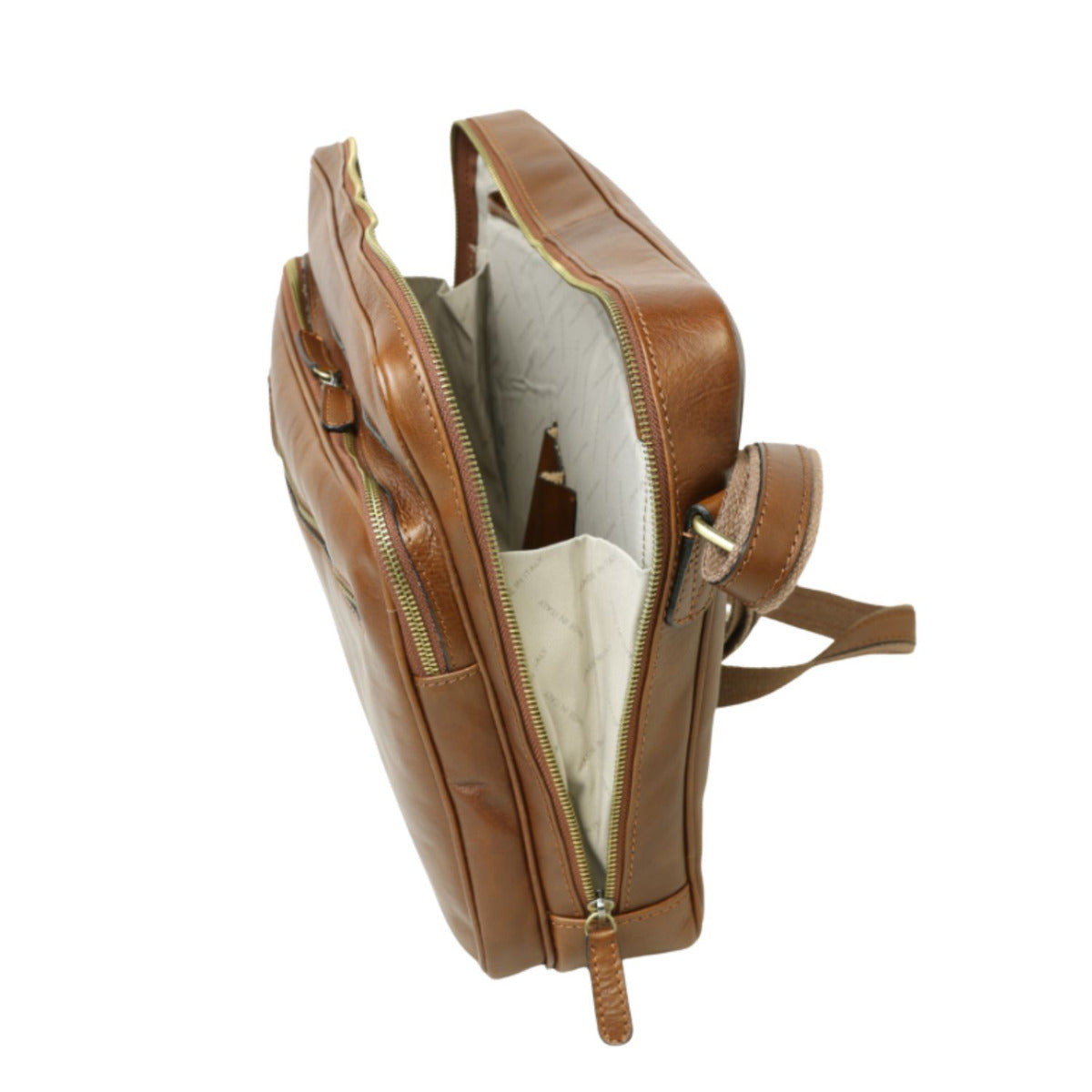 Large leather bag with zip closures -Chestnut