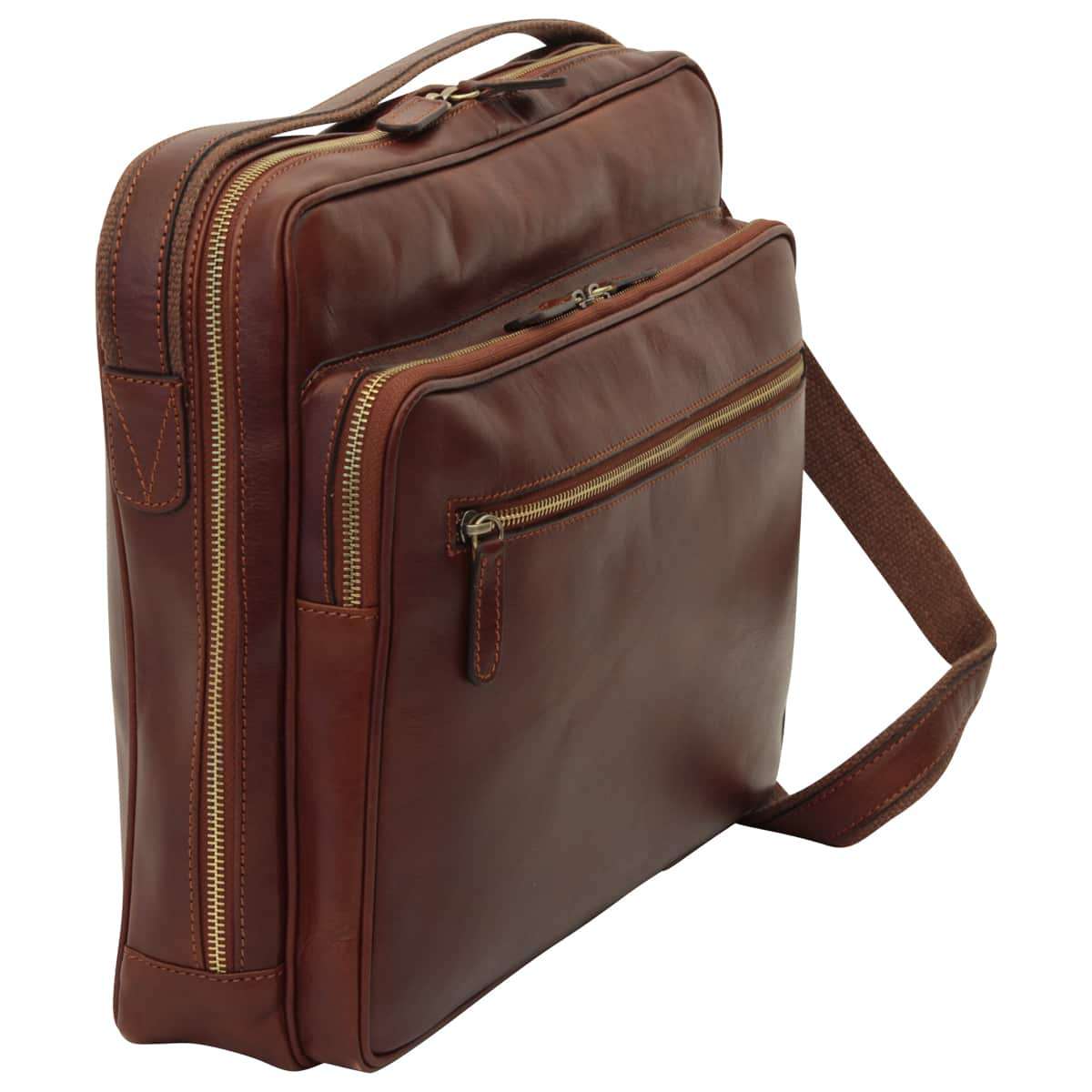 Large leather bag with zip closures - Brown