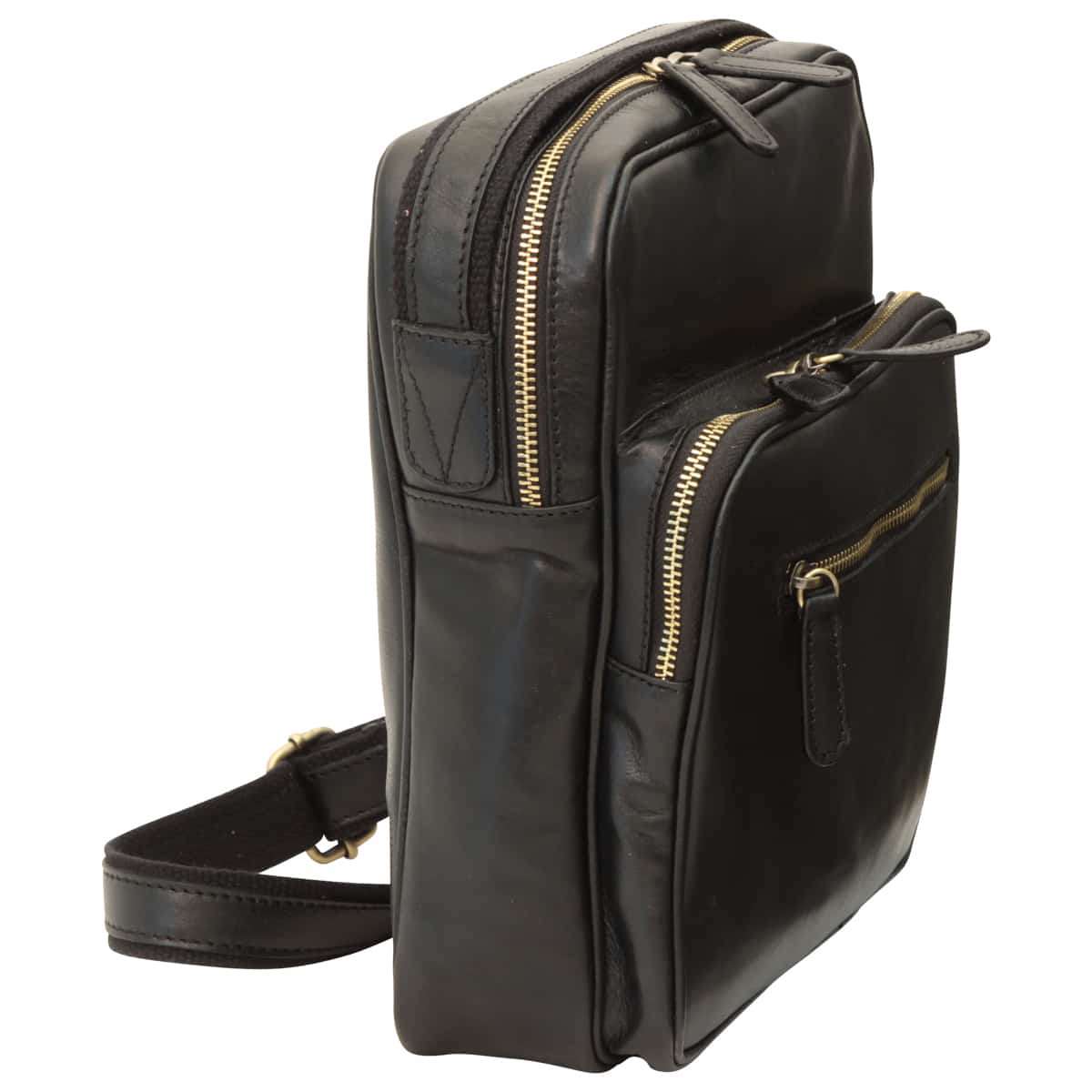 Messenger in pelle con chiusura a zip (Piccola).- Black