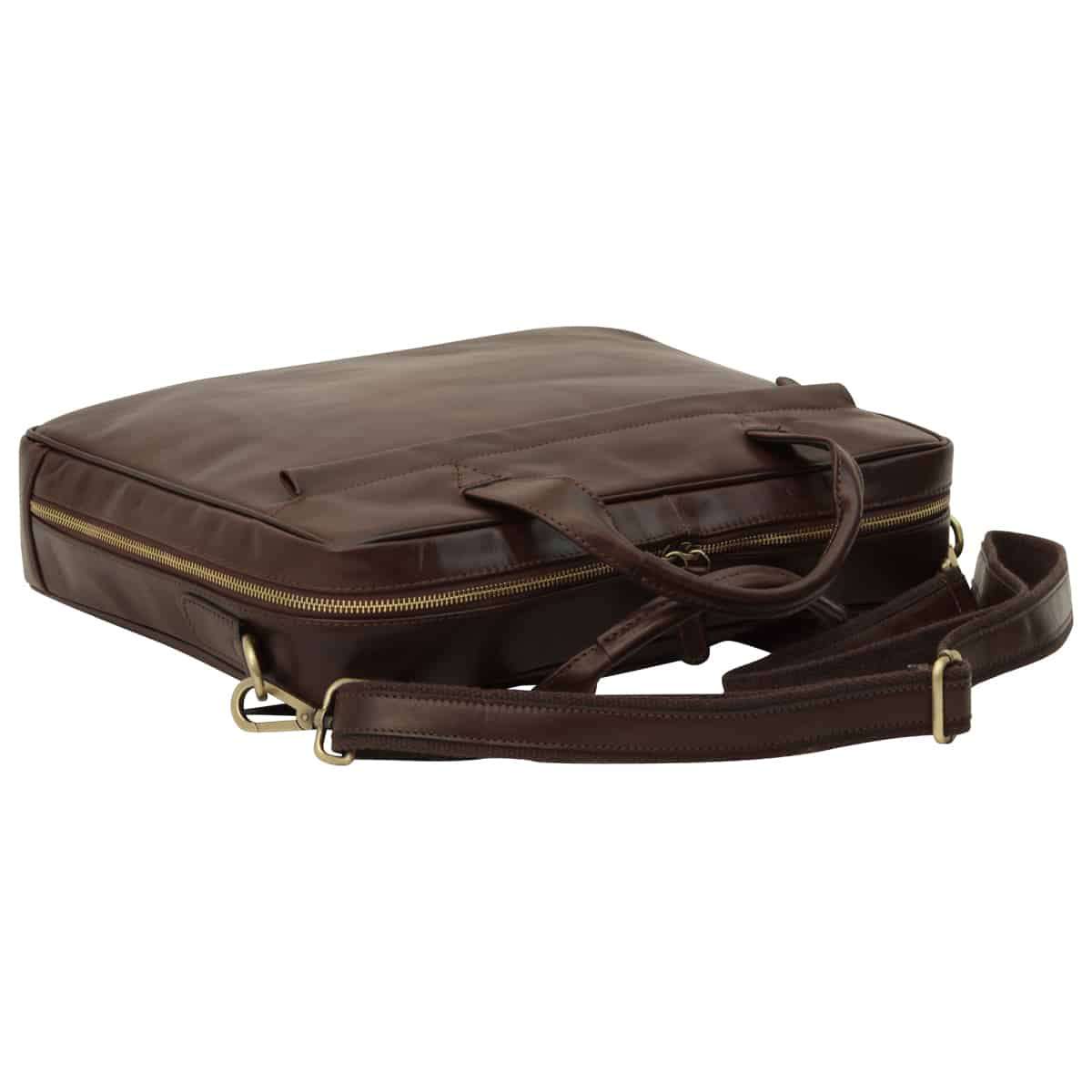Leather Briefcase with zip closure - Dark Brown