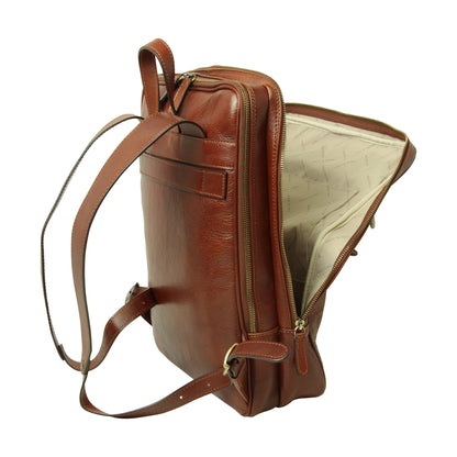 Leather backpack with trolley strap-Brown