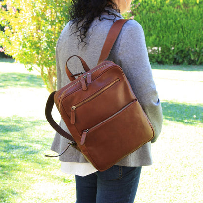 Leather backpack with trolley strap-Brown