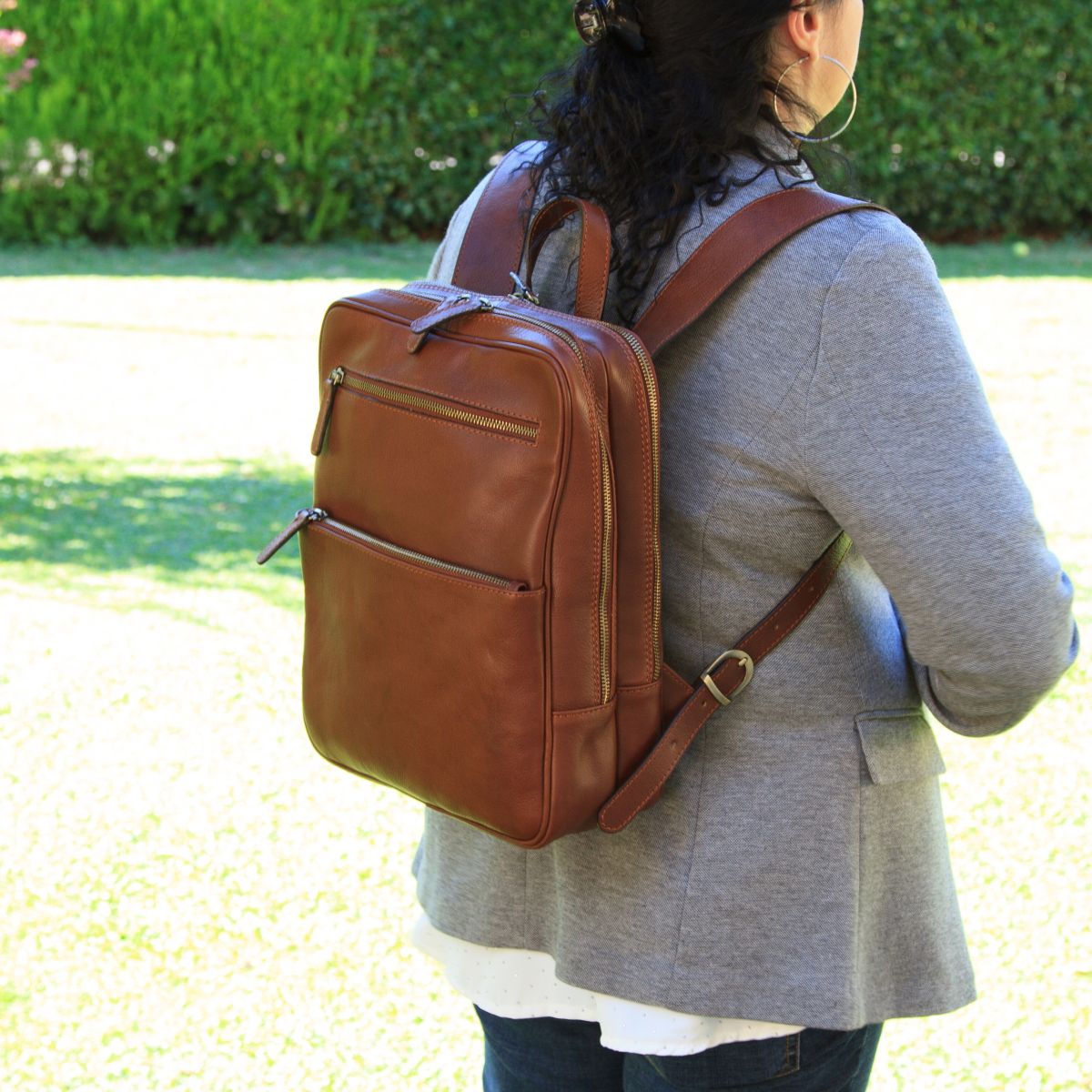 Leather backpack with trolley strap-Brown