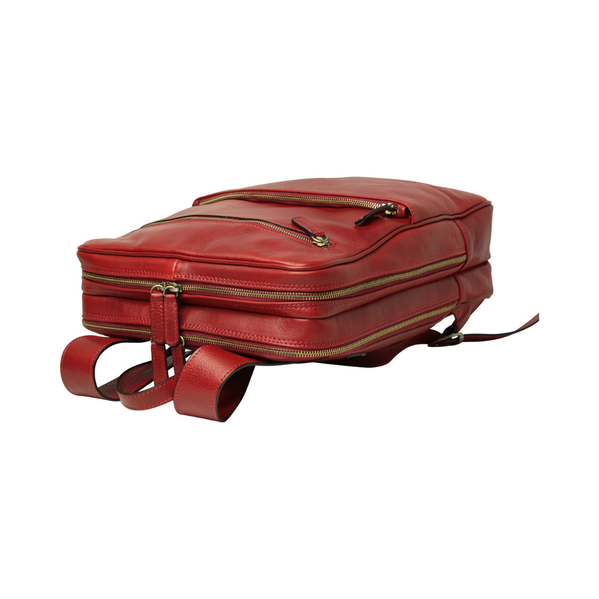 Leather back pack with backside troller strap - red
