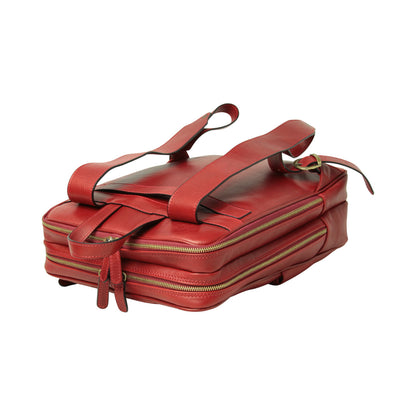 Leather back pack with backside troller strap - red