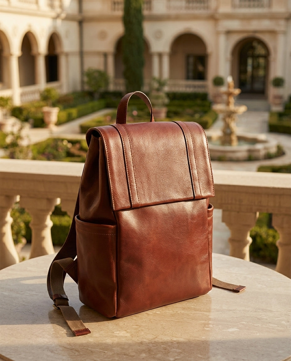 Leather Laptop Backpack With Trolley Strap