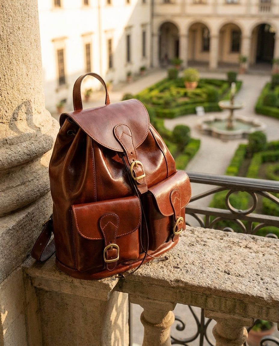 Leather Backpack With 2 Exterior Pockets
