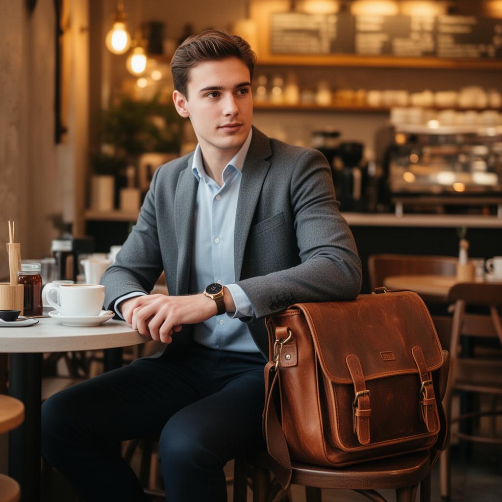 Professional with leather messenger bag at café