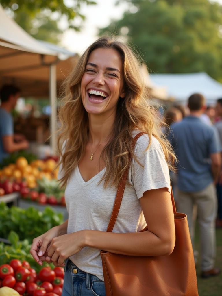 Woman laughing at market with leather crossbody